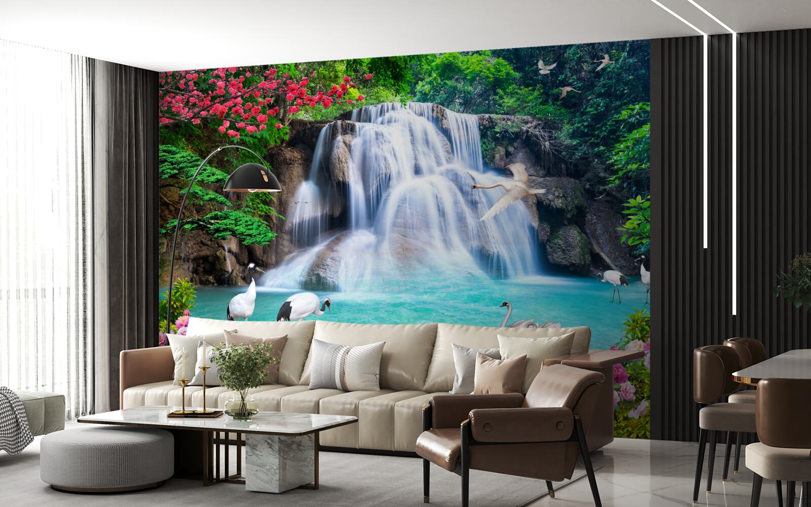 Fototapeta hlasný stupňovitý vodopád a labute v modrej vode