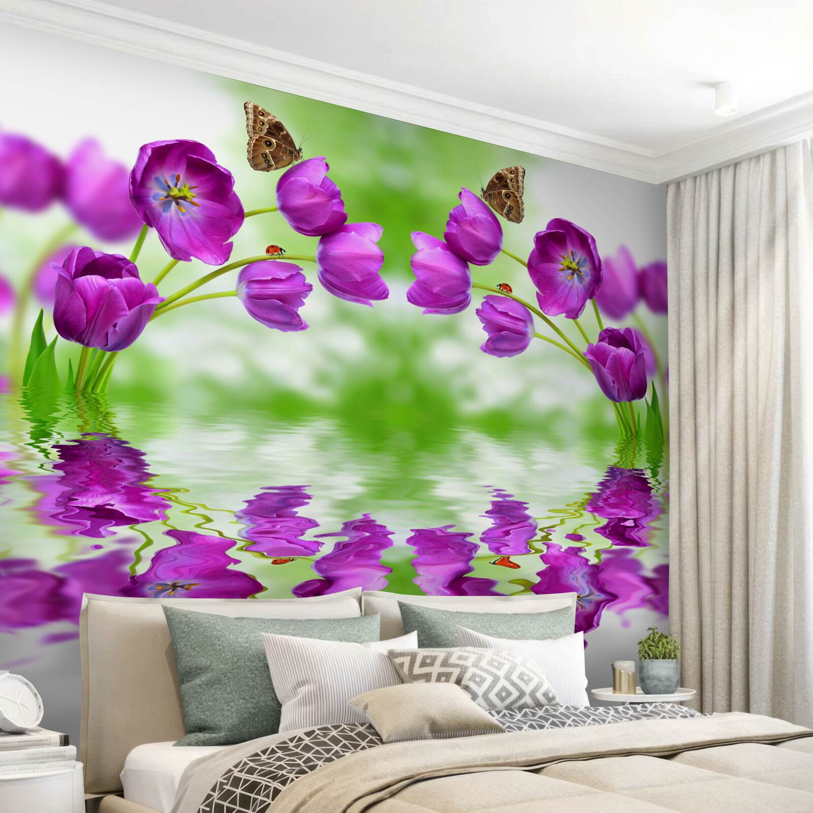 Fototapeta kvety odrážajú motýľ, ktorý na ne odpovie vode