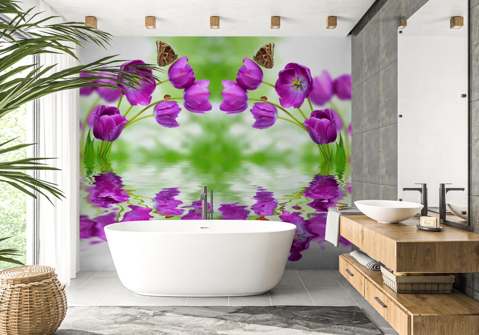 Fototapeta kvety odrážajú motýľ, ktorý na ne odpovie vode