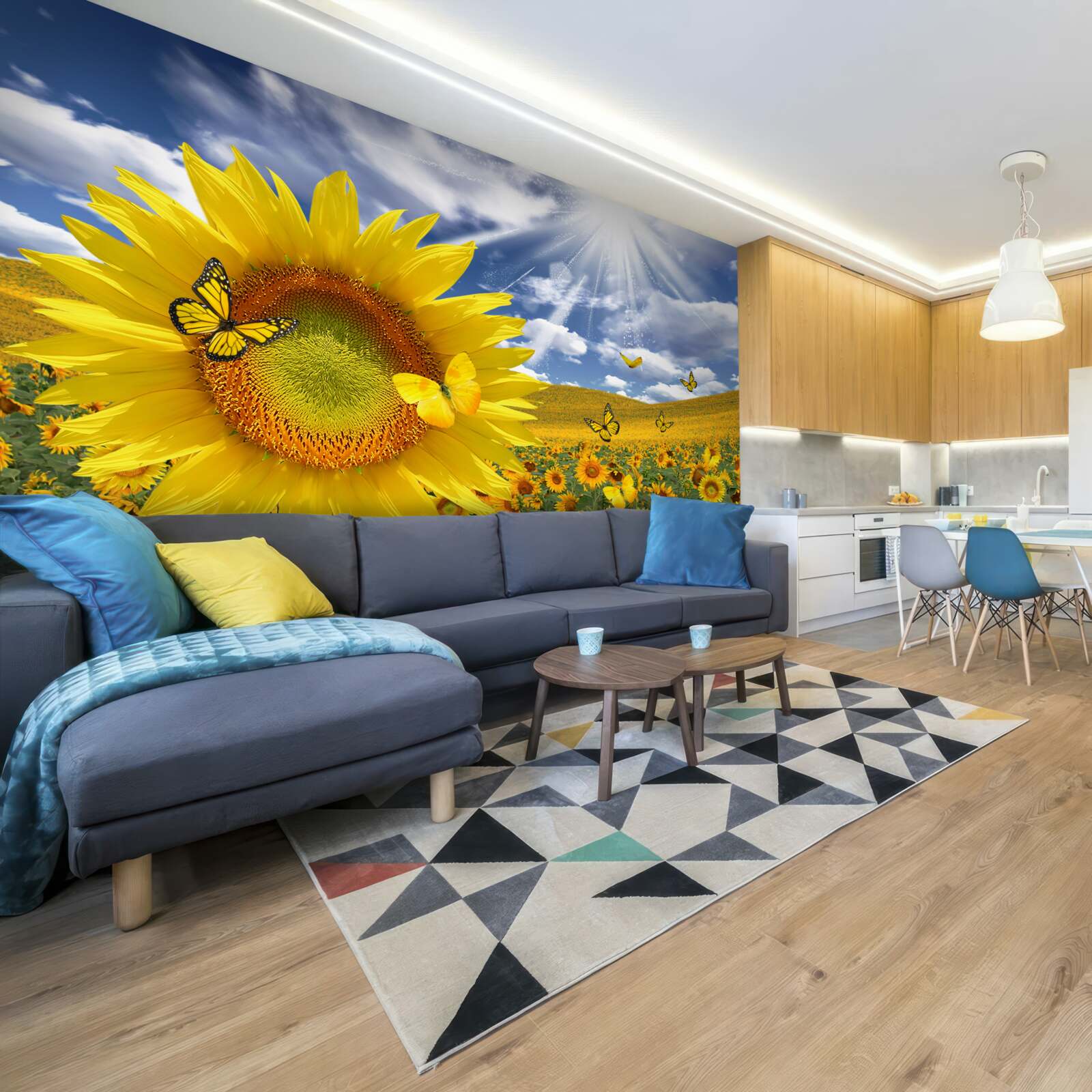 Fototapeta zlaté motýle plávajú na modrej oblohe nad slnečným poľom