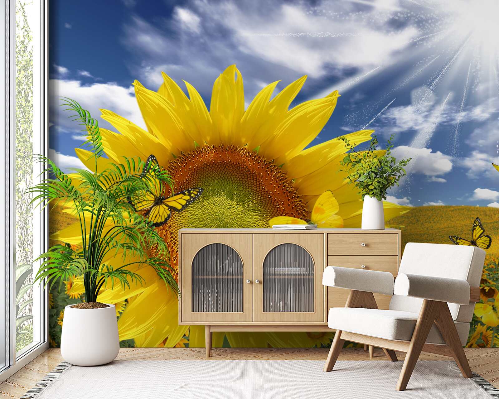 Fototapeta zlaté motýle plávajú na modrej oblohe nad slnečným poľom