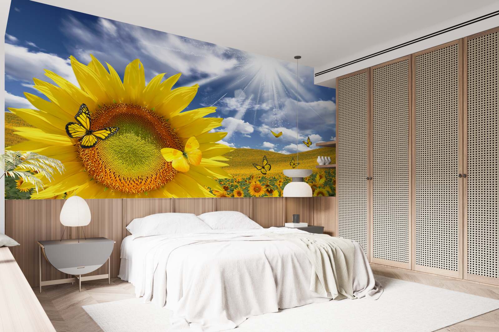 Fototapeta zlaté motýle plávajú na modrej oblohe nad slnečným poľom