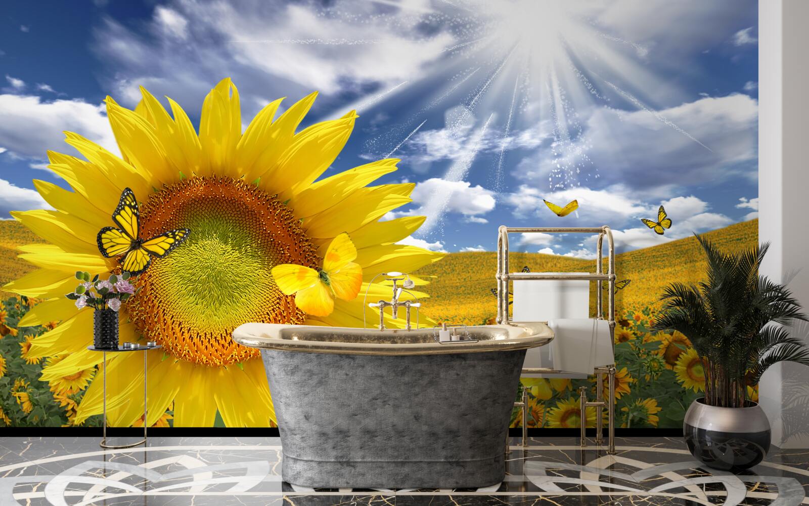 Fototapeta zlaté motýle plávajú na modrej oblohe nad slnečným poľom