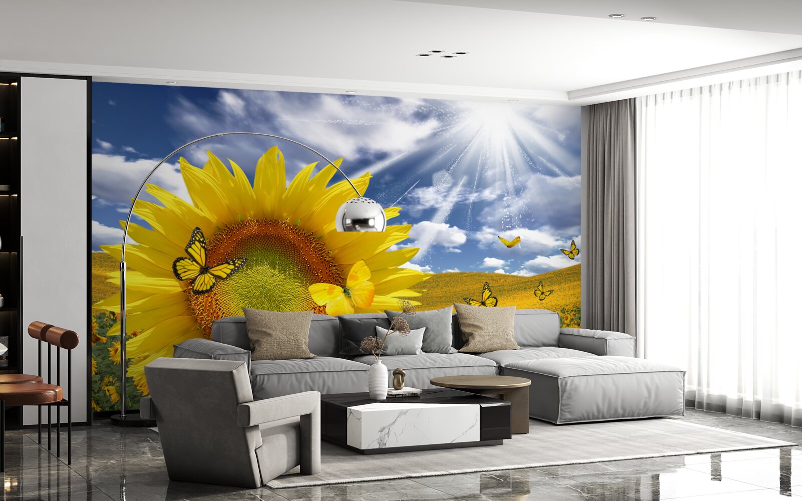 Fototapeta zlaté motýle plávajú na modrej oblohe nad slnečným poľom