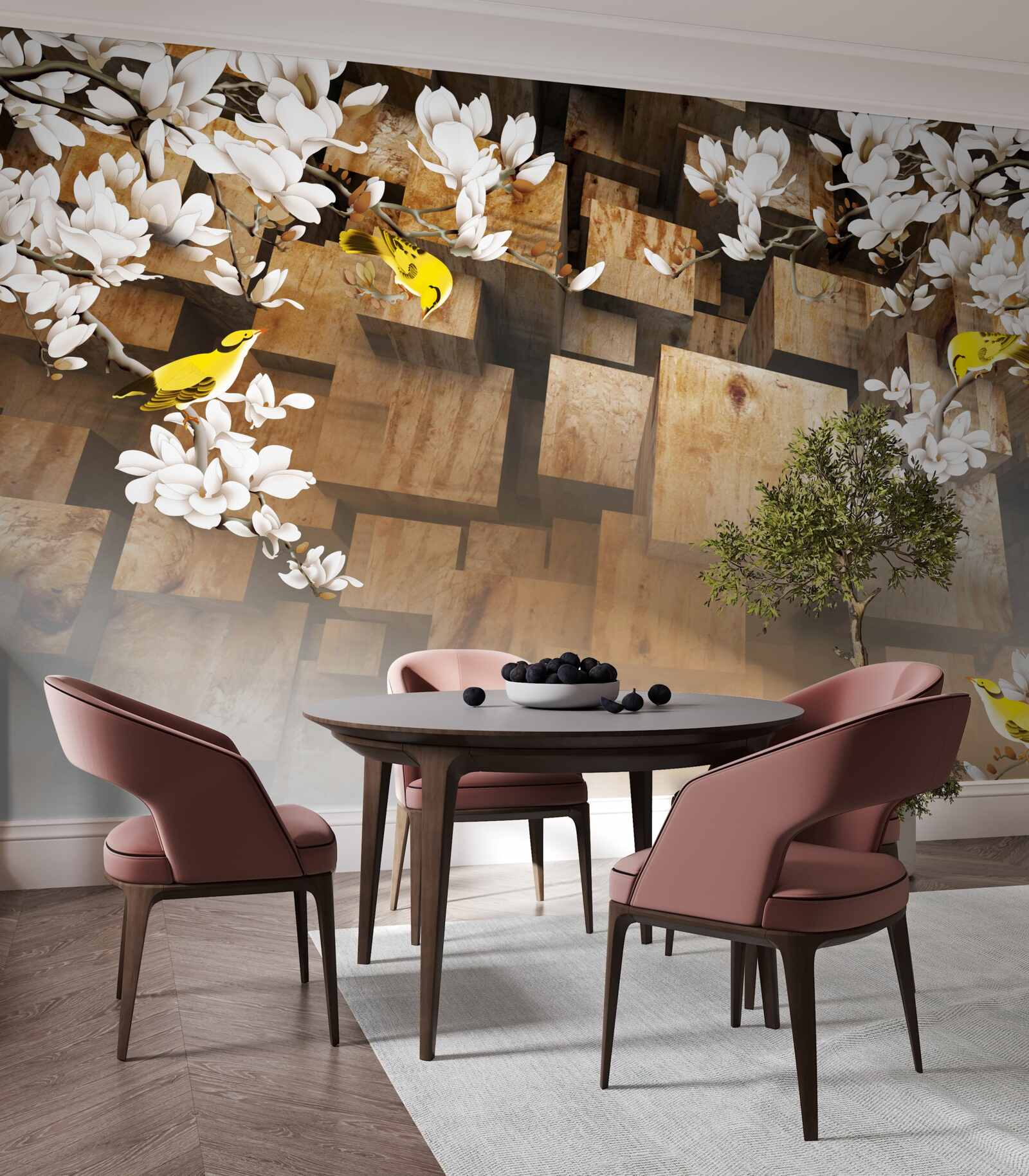 Fototapeta plávajúce drevené kocky a biele kvety