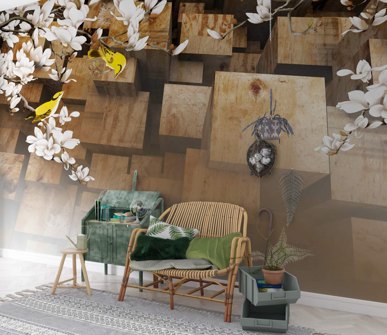 Fototapeta plávajúce drevené kocky a biele kvety