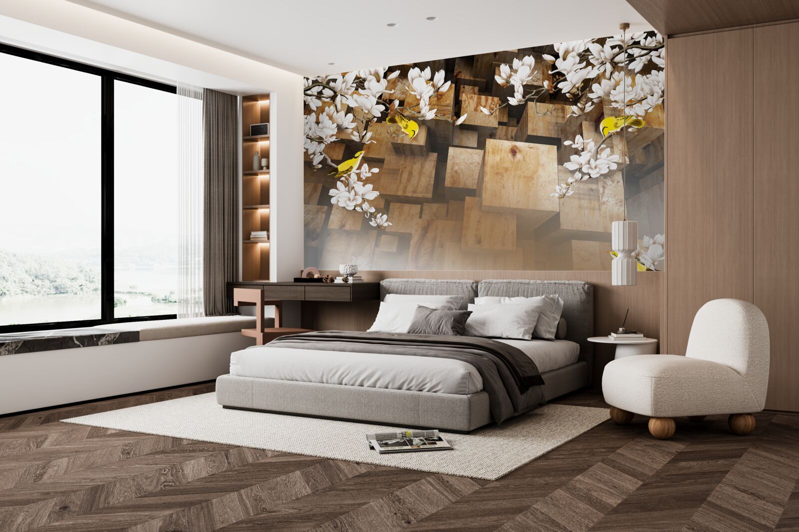 Fototapeta plávajúce drevené kocky a biele kvety