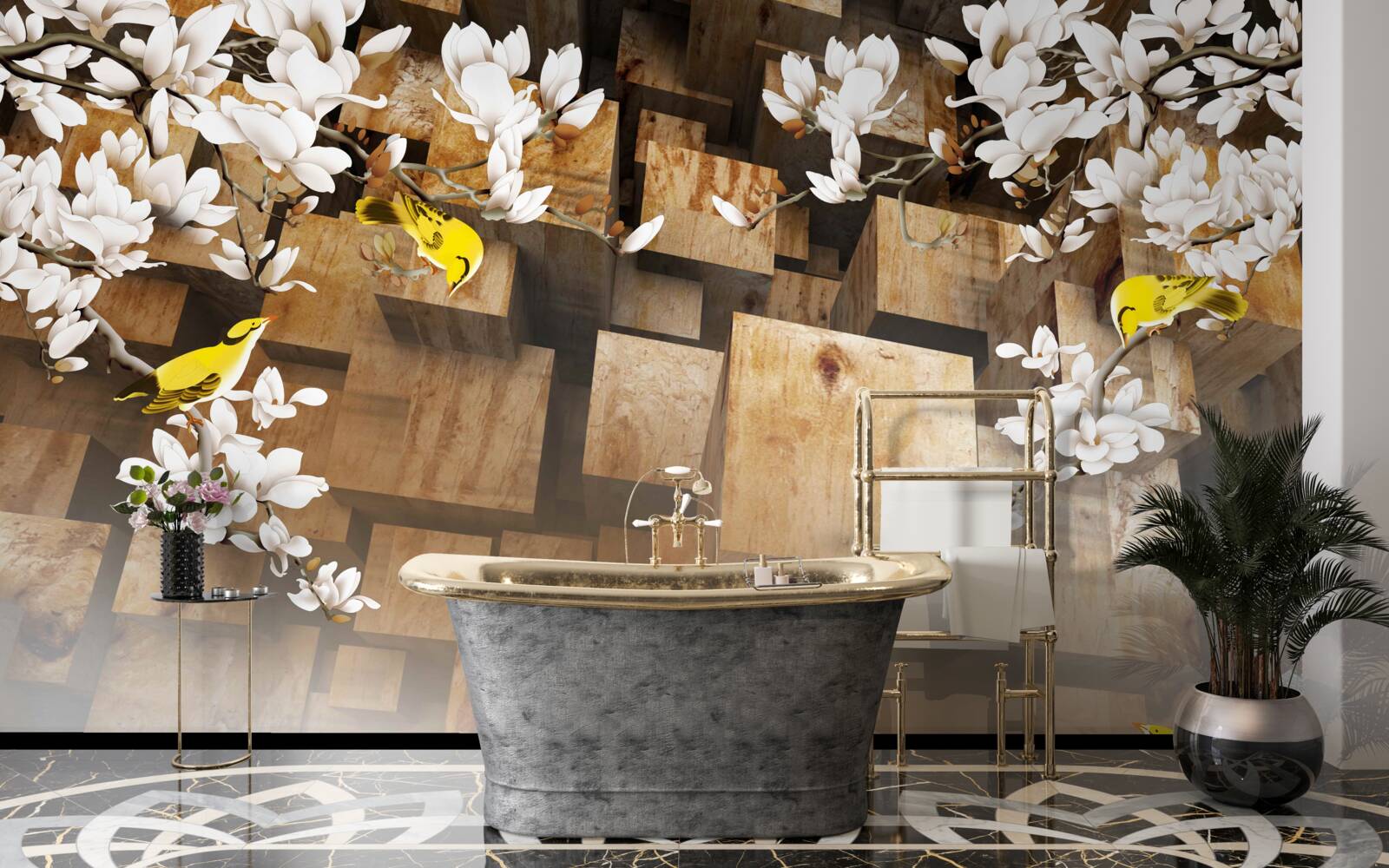 Fototapeta plávajúce drevené kocky a biele kvety