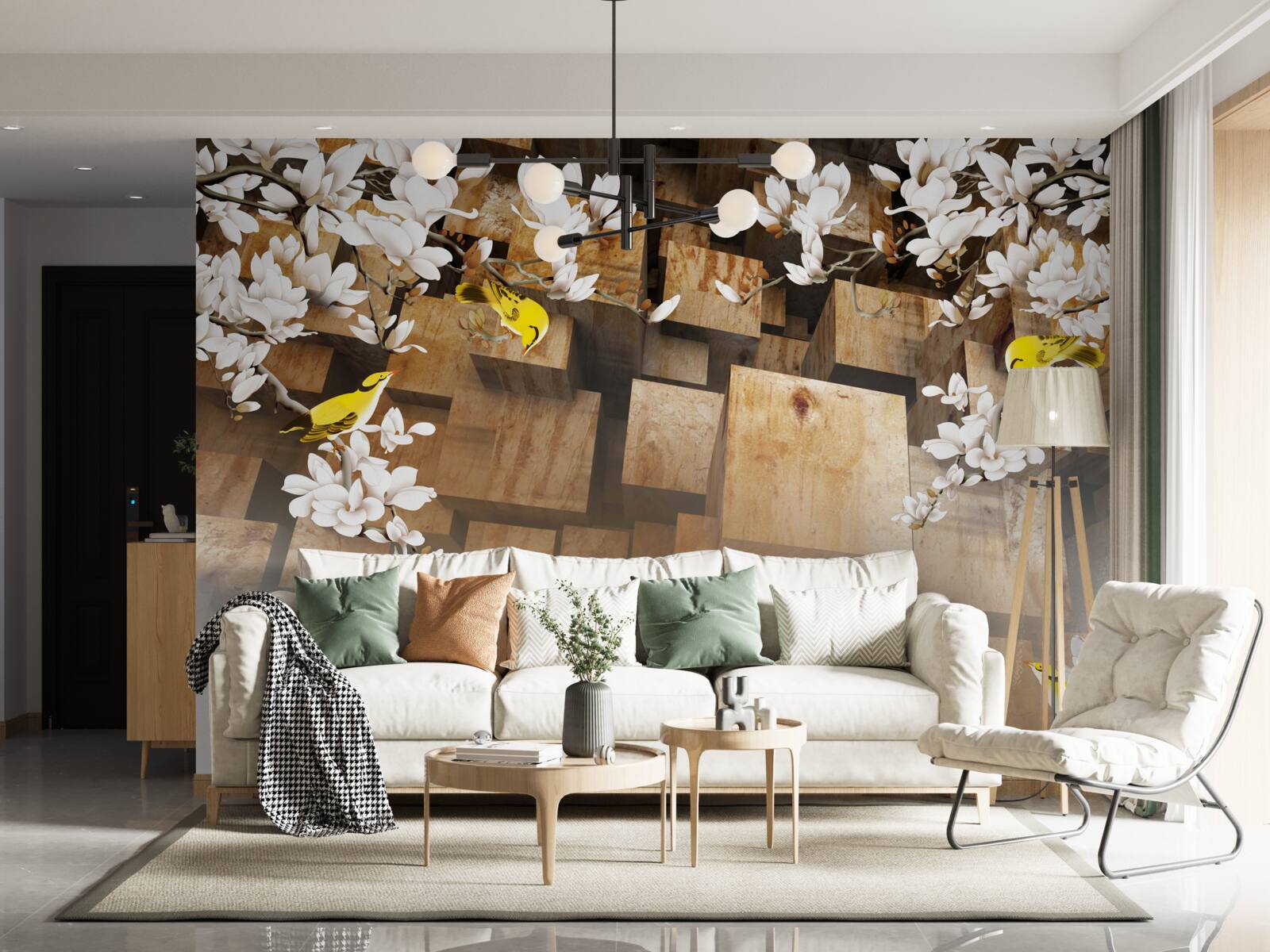 Fototapeta plávajúce drevené kocky a biele kvety