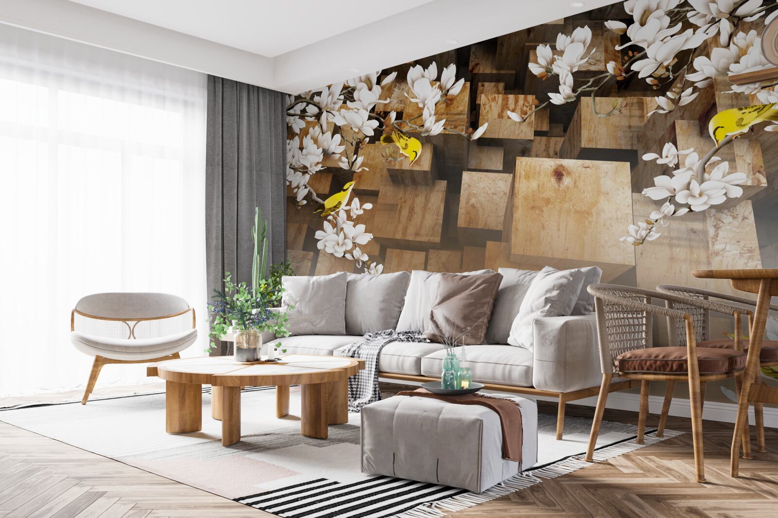 Fototapeta plávajúce drevené kocky a biele kvety