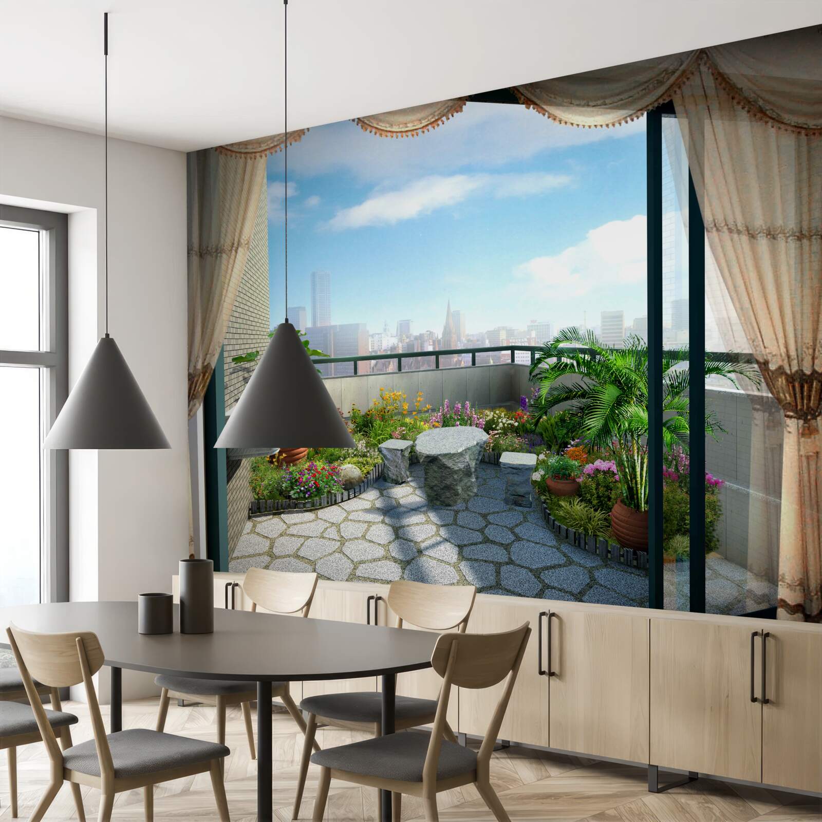 Fototapeta loggia s nádherným výhľadom na letné mesto