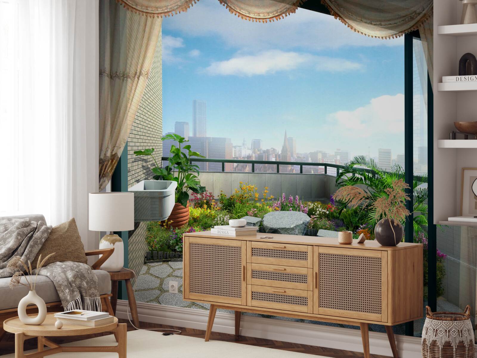 Fototapeta loggia s nádherným výhľadom na letné mesto