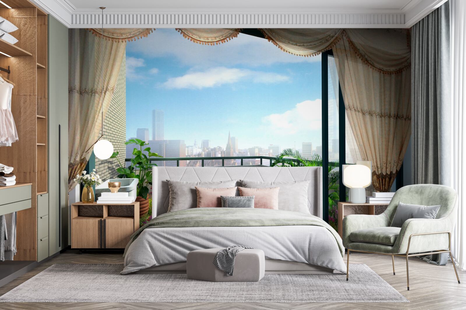 Fototapeta loggia s nádherným výhľadom na letné mesto