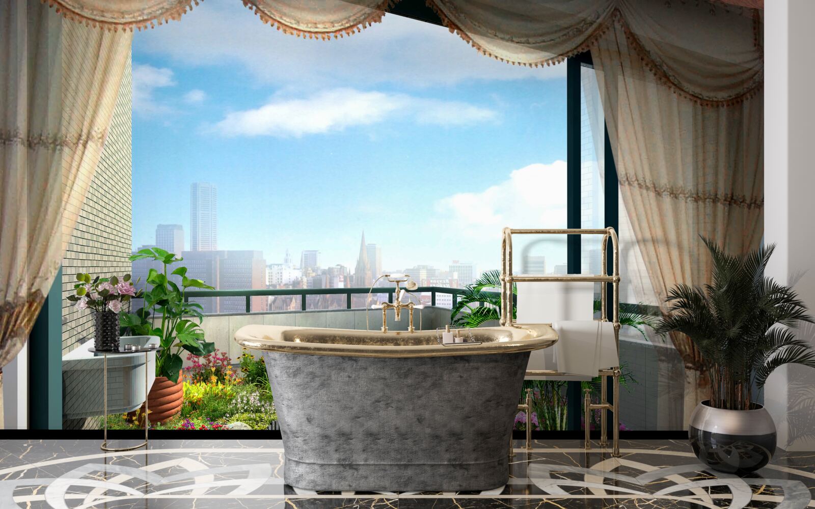 Fototapeta loggia s nádherným výhľadom na letné mesto