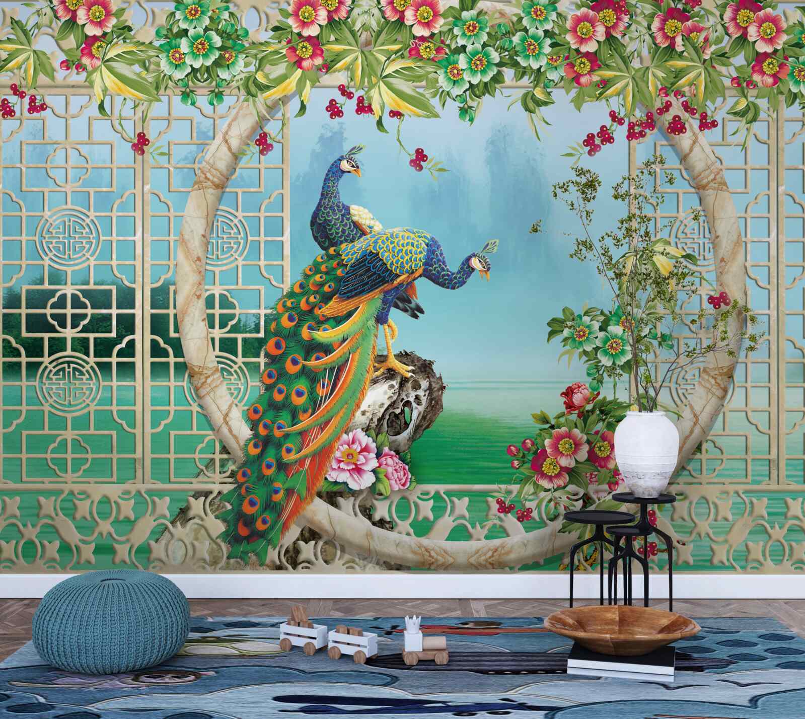 Fototapeta nádherné bažanty na kruhovom moste nad vodou