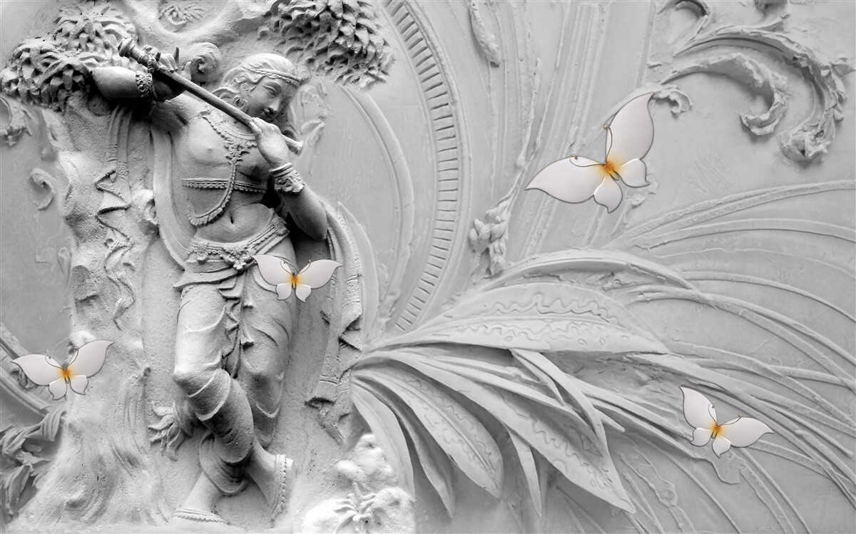 Fototapeta basreliéf s kvetmi a bielymi motýľmi