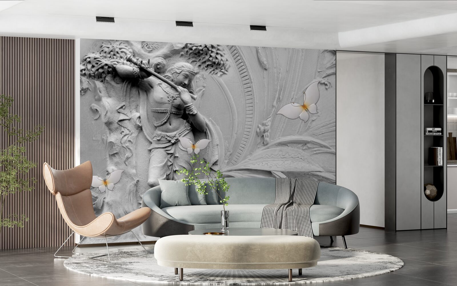 Fototapeta basreliéf s kvetmi a bielymi motýľmi