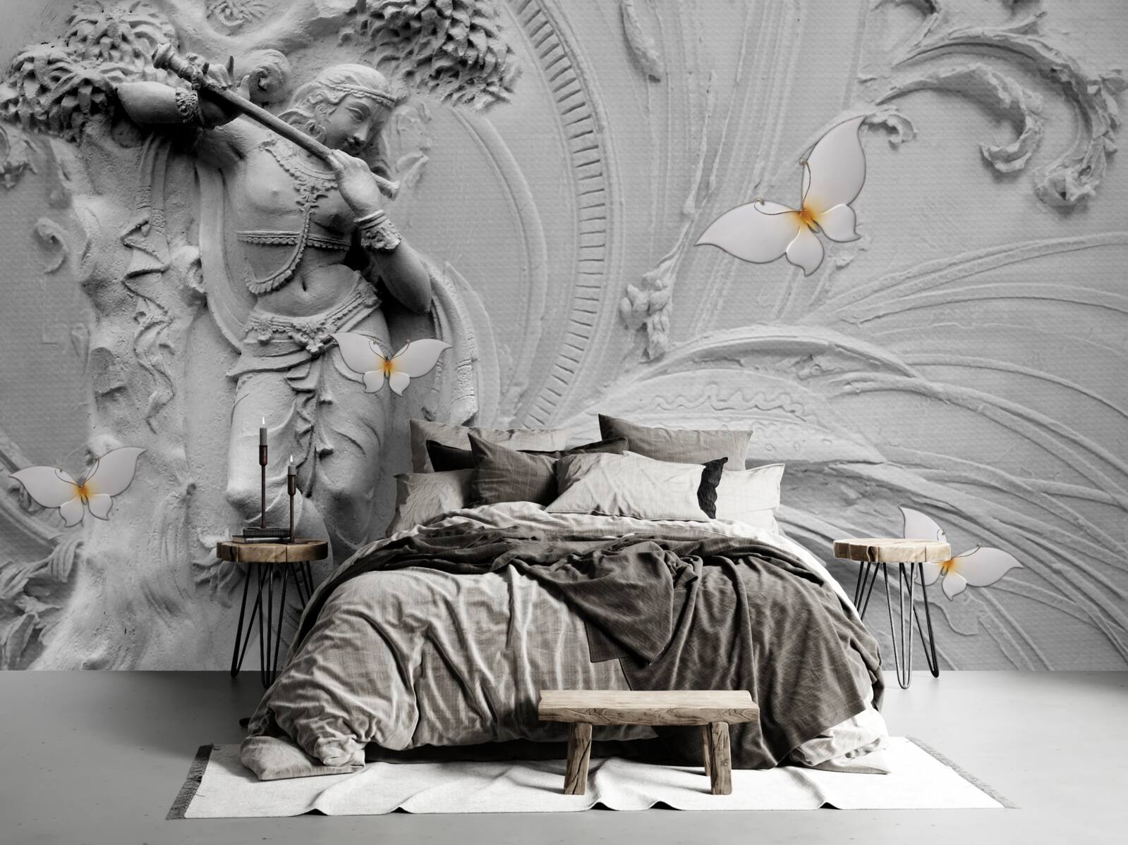 Fototapeta basreliéf s kvetmi a bielymi motýľmi