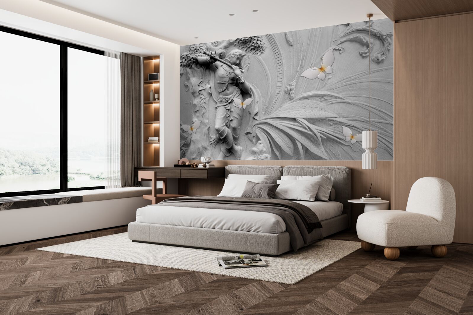 Fototapeta basreliéf s kvetmi a bielymi motýľmi