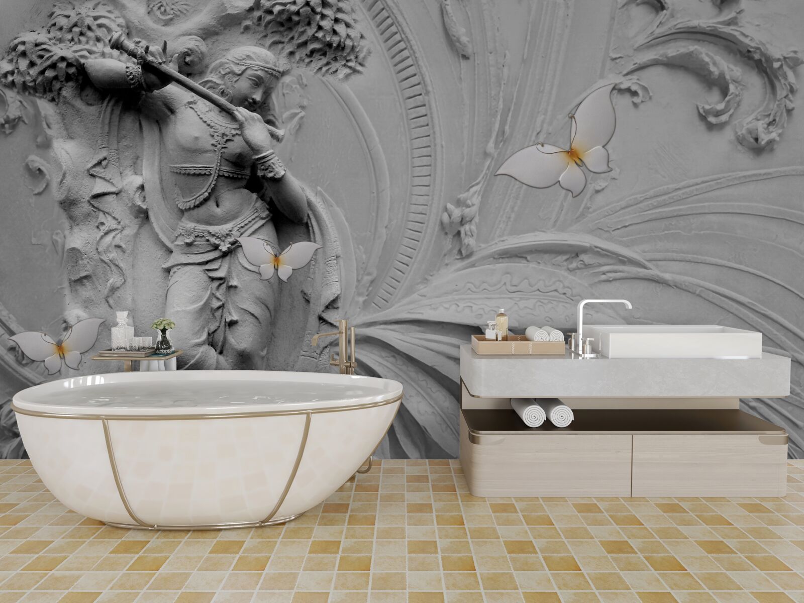 Fototapeta basreliéf s kvetmi a bielymi motýľmi