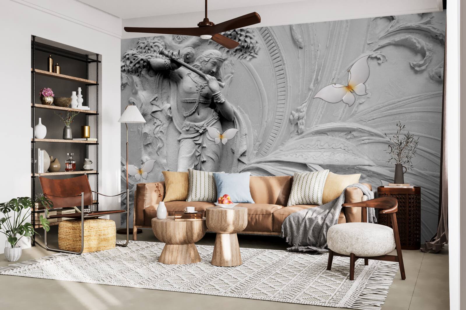 Fototapeta basreliéf s kvetmi a bielymi motýľmi