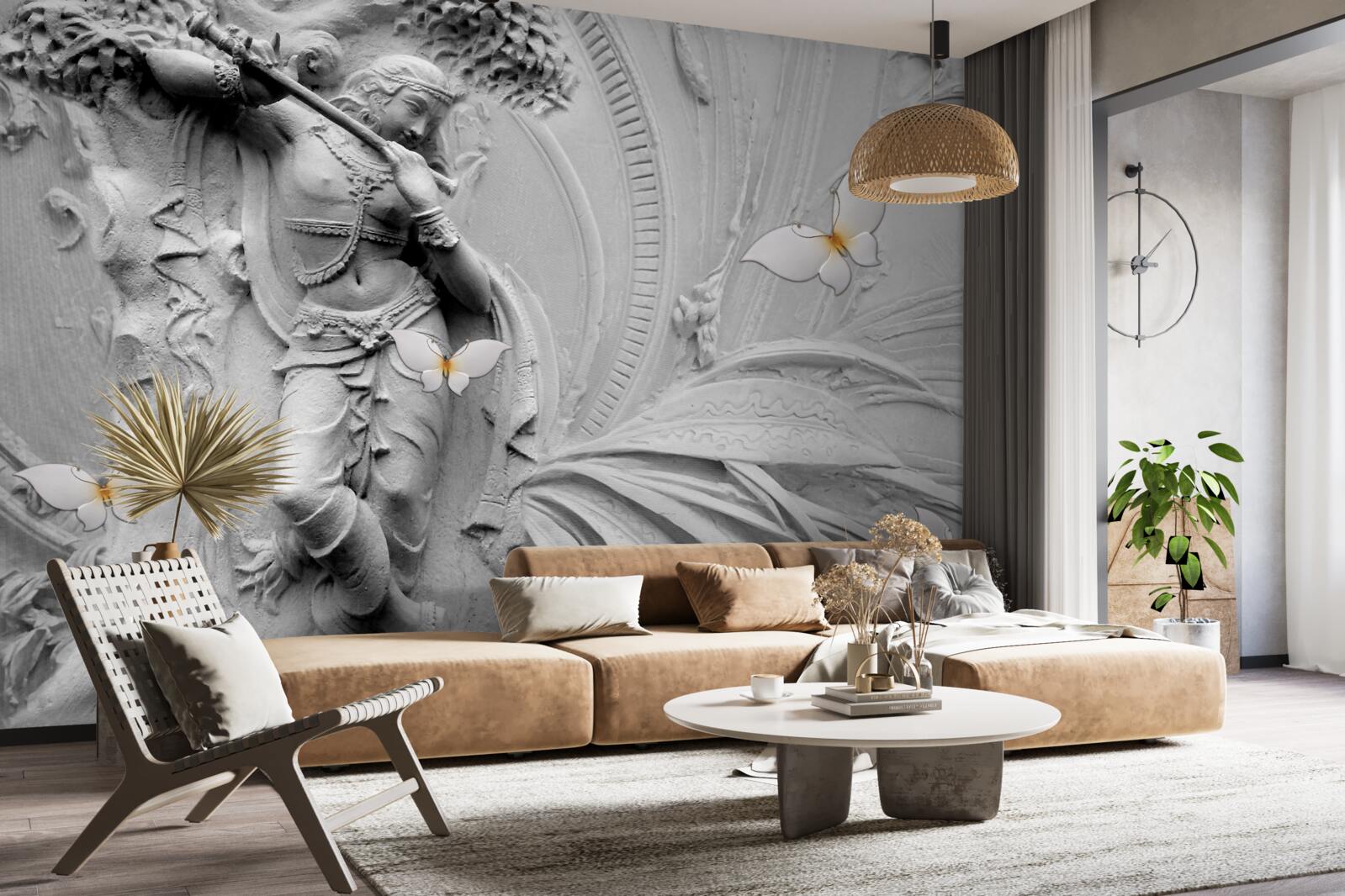 Fototapeta basreliéf s kvetmi a bielymi motýľmi