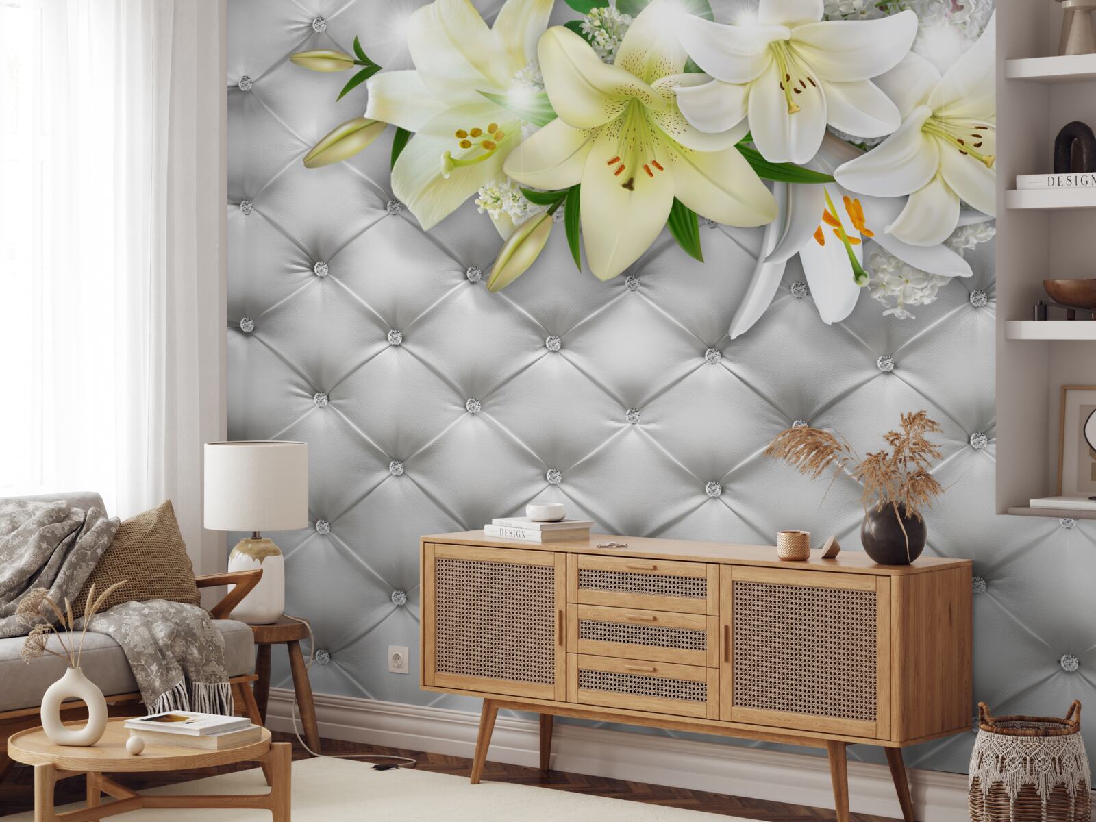 Fototapeta látka s perličkami v bielom kvetinovom vzore