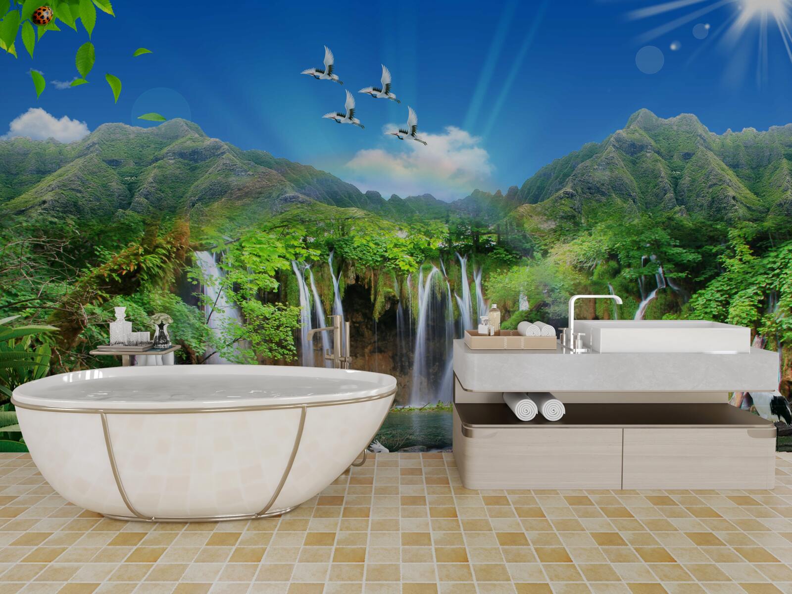 Fototapeta vtáky lietajú nad vodopádmi v tropických oblastiach