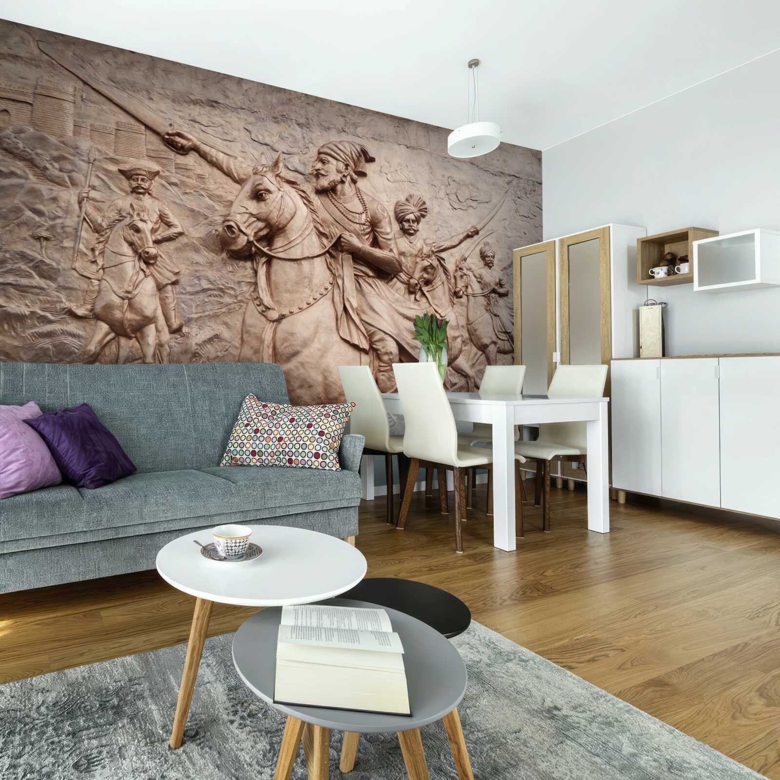 Fototapeta basreliéf zobrazujúci bojovníkov bojujúcich na kolesách