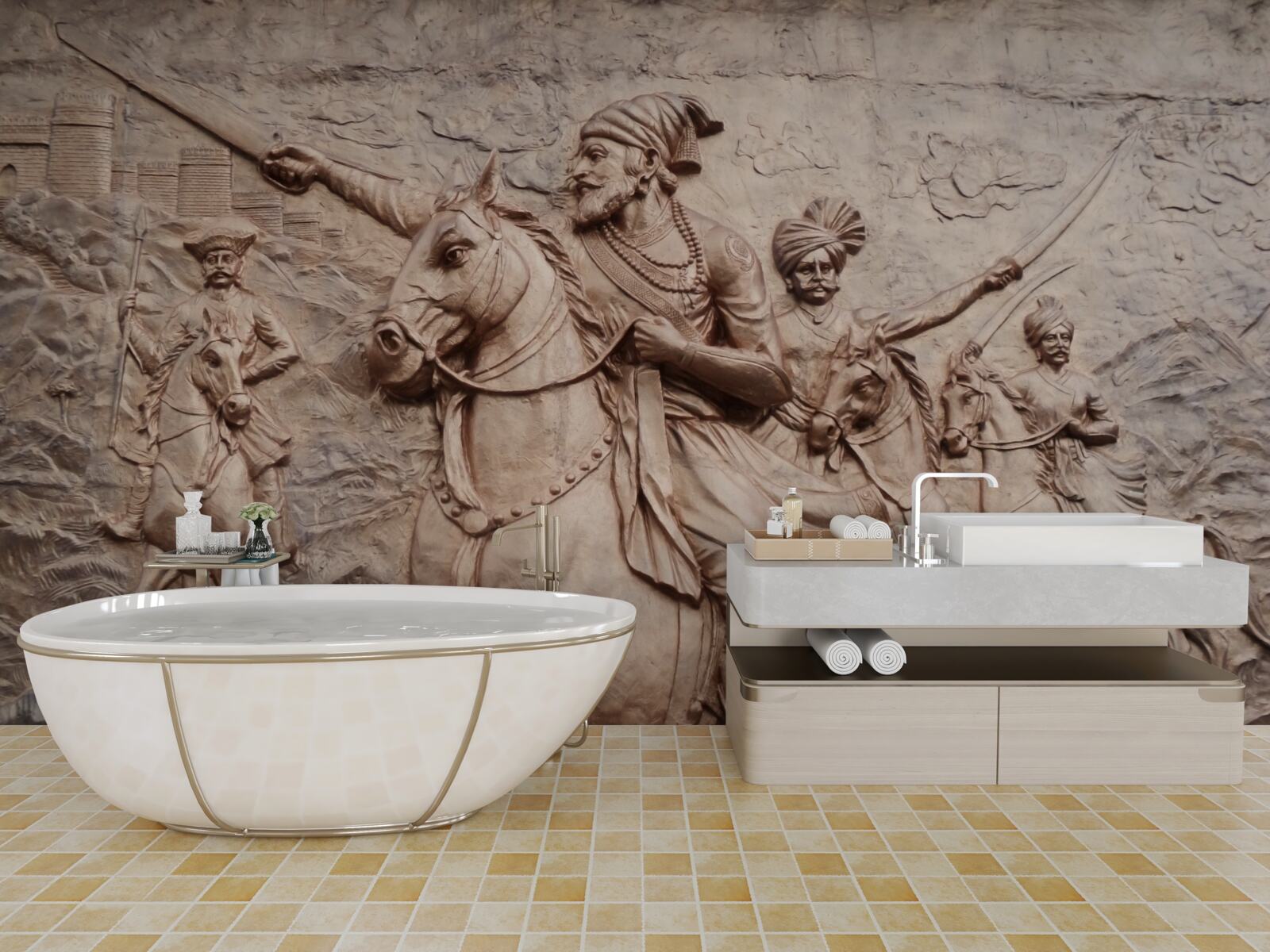 Fototapeta basreliéf zobrazujúci bojovníkov bojujúcich na kolesách