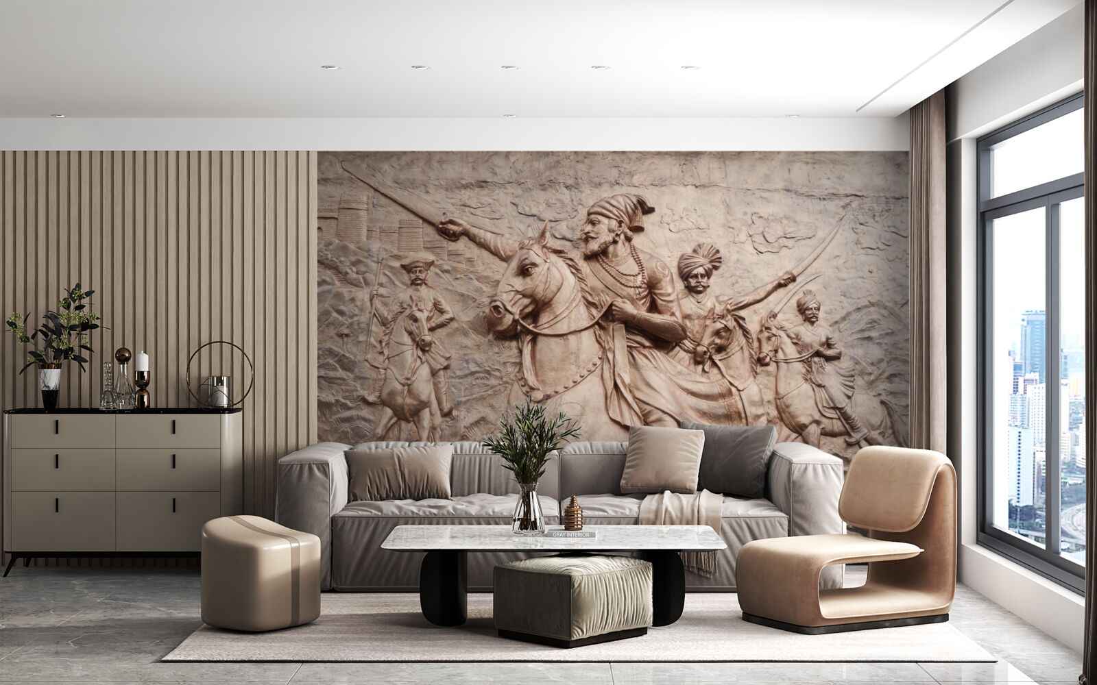 Fototapeta basreliéf zobrazujúci bojovníkov bojujúcich na kolesách