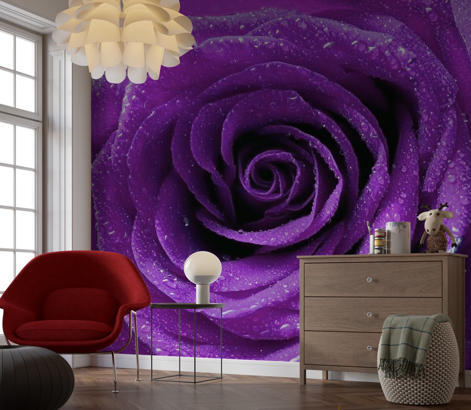 Fototapeta veľké kvapky ruží na okvetných lístkoch orgovánovej ruže