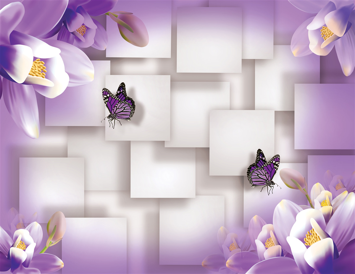 Fototapeta biele kvety a motýle sú viditeľné na abstraktnom fialovom przydí