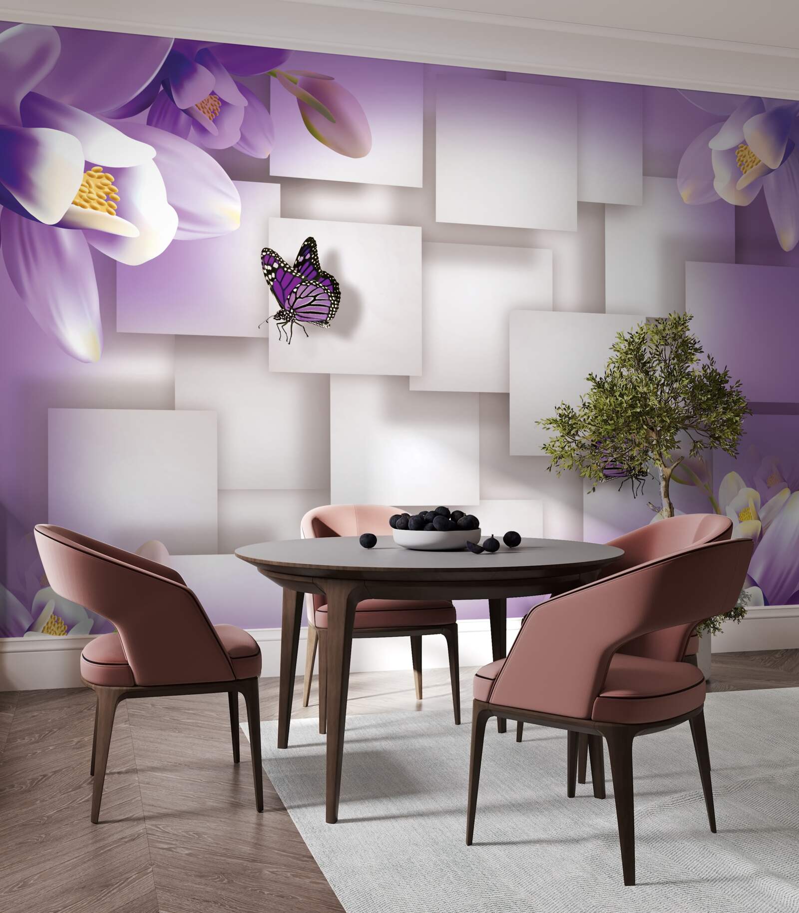 Fototapeta biele kvety a motýle sú viditeľné na abstraktnom fialovom przydí