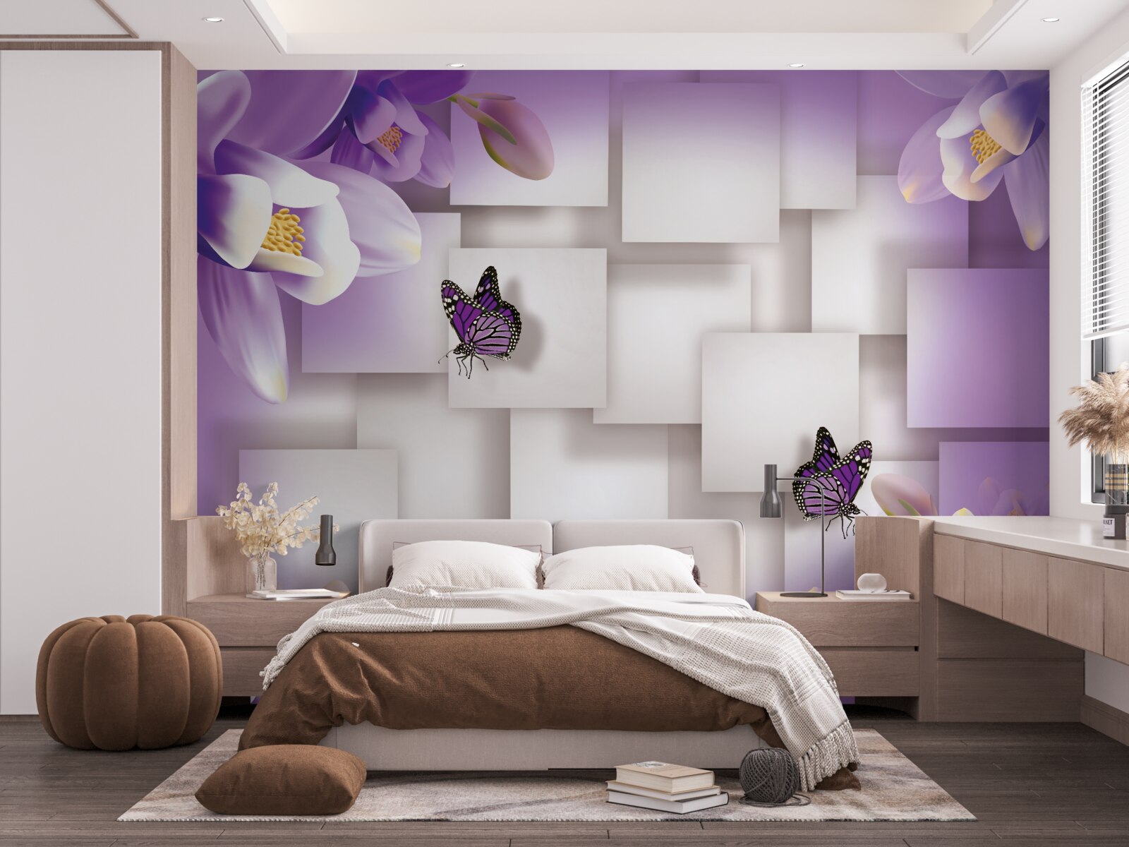 Fototapeta biele kvety a motýle sú viditeľné na abstraktnom fialovom przydí