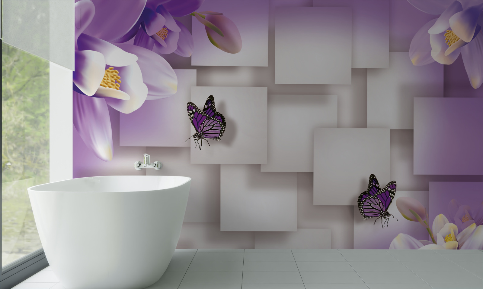 Fototapeta biele kvety a motýle sú viditeľné na abstraktnom fialovom przydí