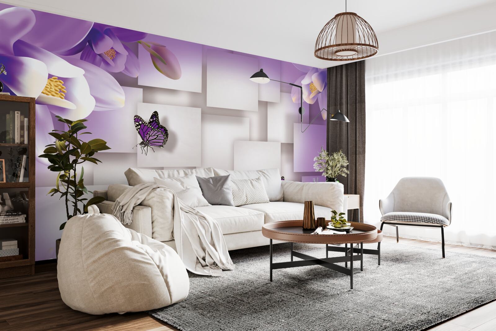 Fototapeta biele kvety a motýle sú viditeľné na abstraktnom fialovom przydí