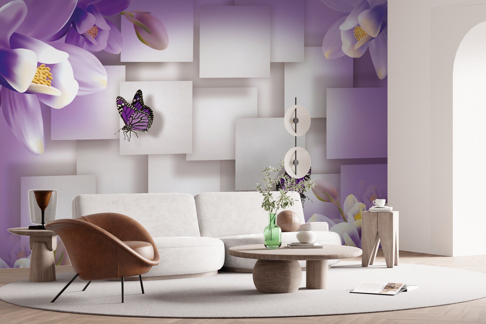 Fototapeta biele kvety a motýle sú viditeľné na abstraktnom fialovom przydí