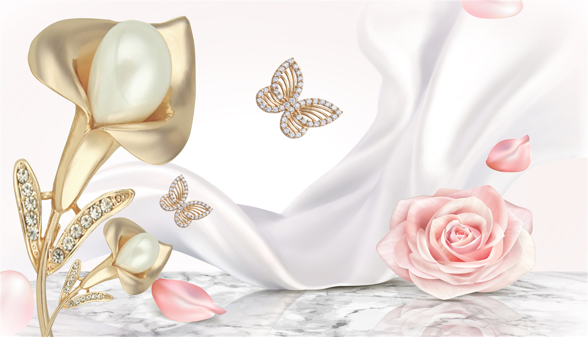 Fototapeta perly vsadené do zlata na hodvábnej latke s ružami