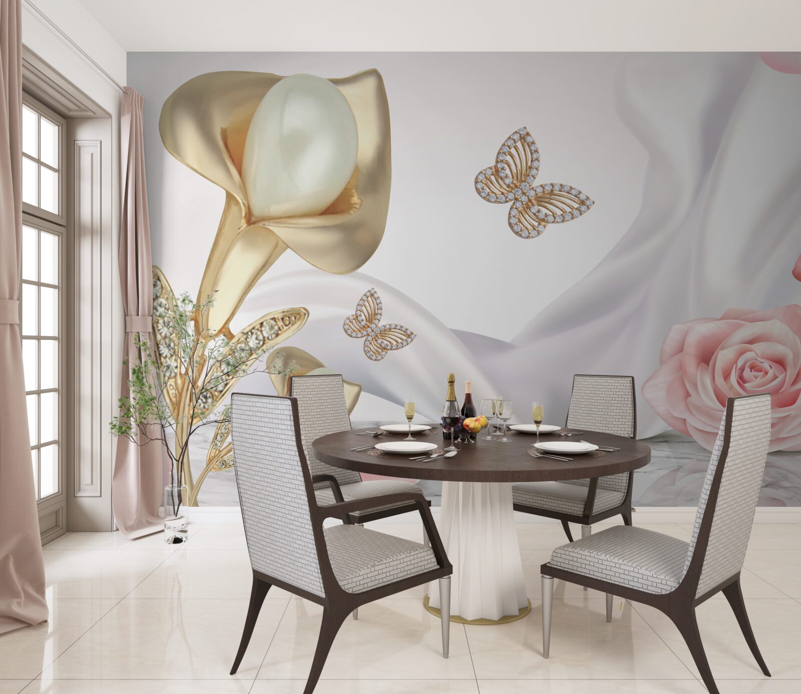 Fototapeta perly vsadené do zlata na hodvábnej latke s ružami