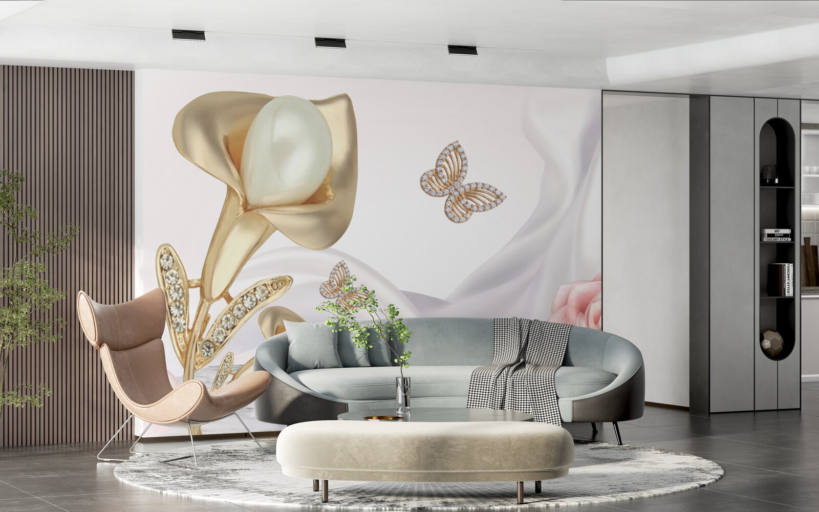 Fototapeta perly vsadené do zlata na hodvábnej latke s ružami