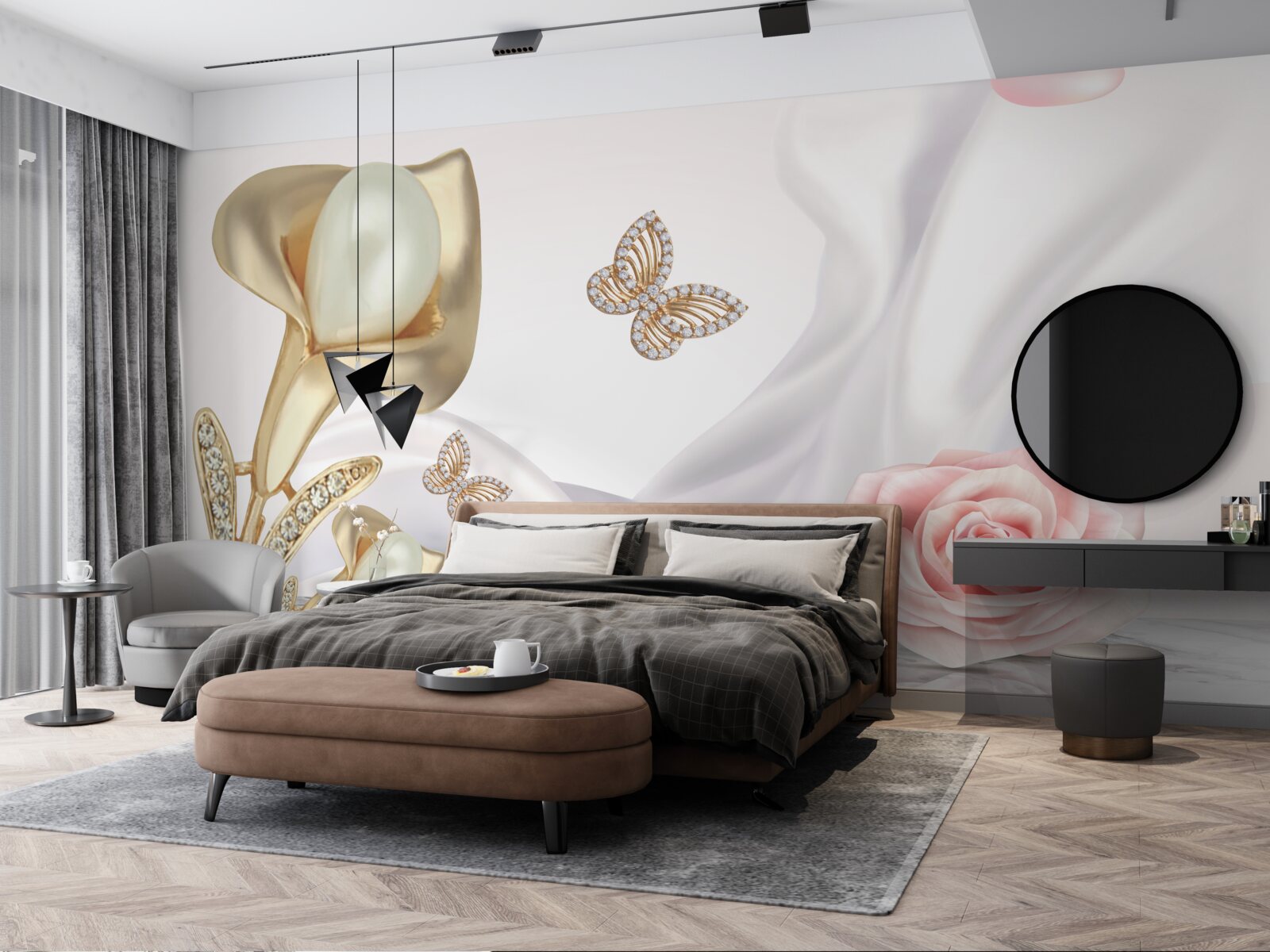 Fototapeta perly vsadené do zlata na hodvábnej latke s ružami