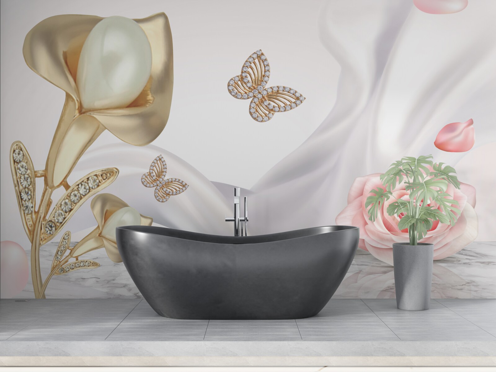 Fototapeta perly vsadené do zlata na hodvábnej latke s ružami