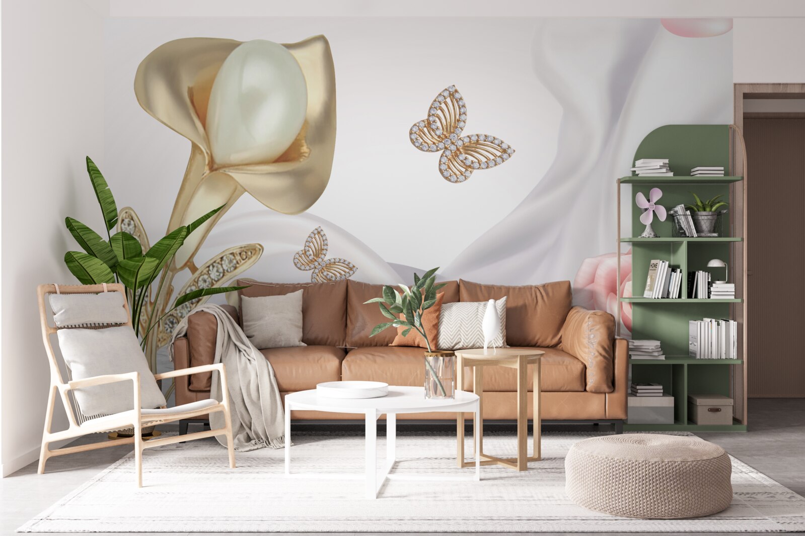 Fototapeta perly vsadené do zlata na hodvábnej latke s ružami