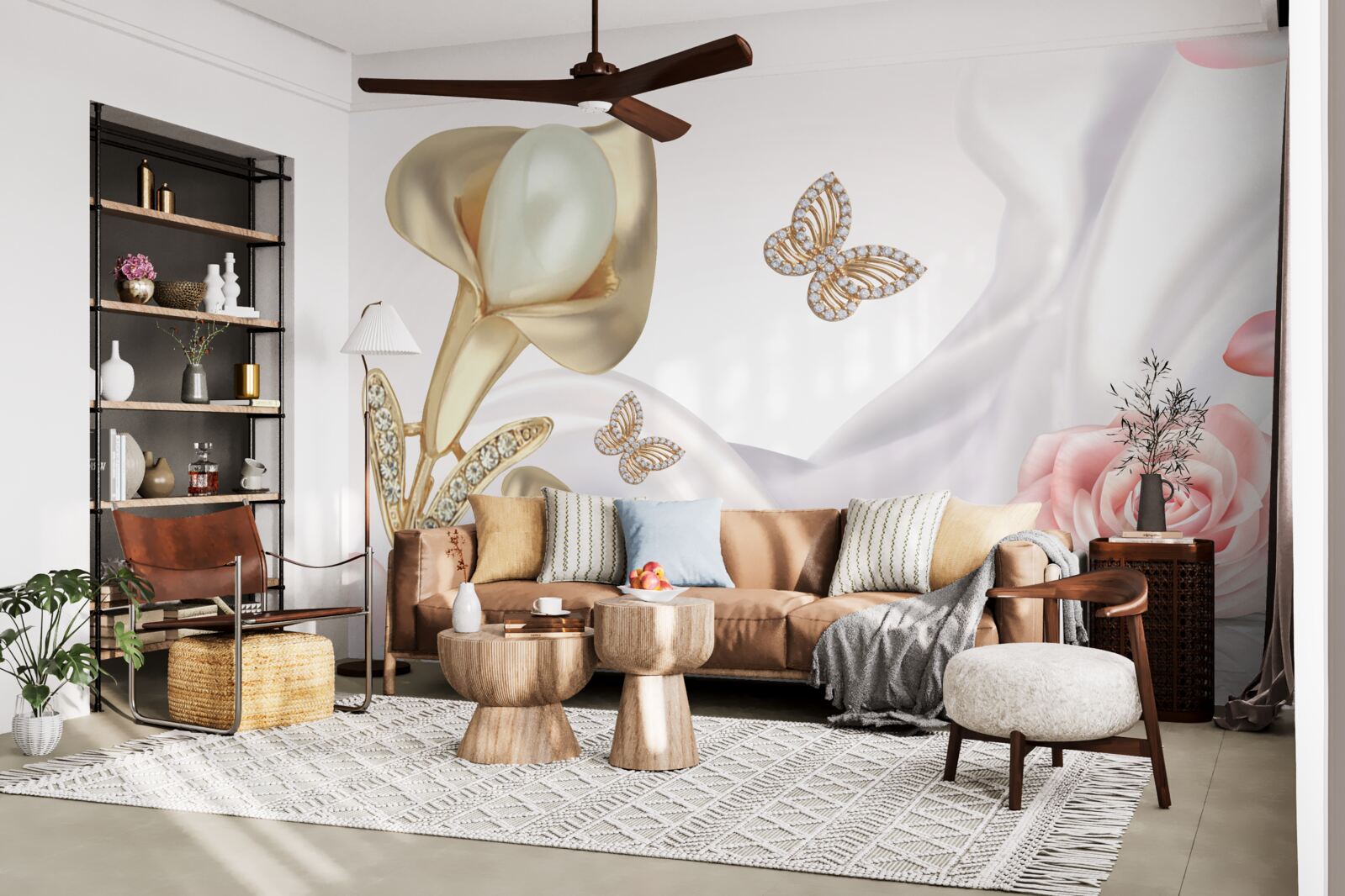 Fototapeta perly vsadené do zlata na hodvábnej latke s ružami