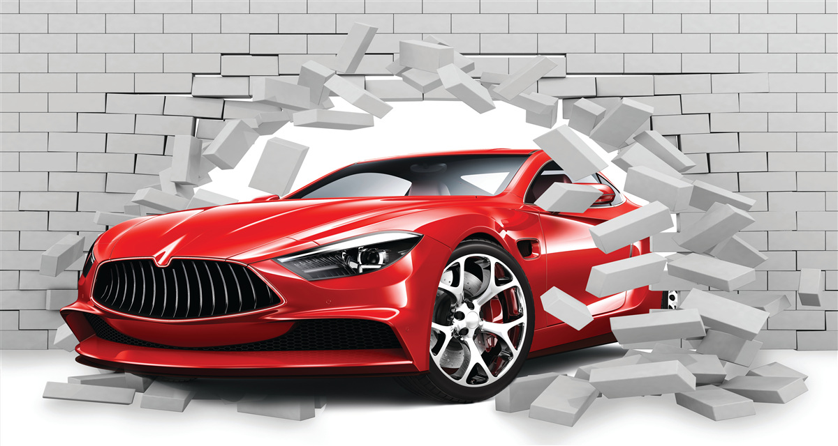 Fototapeta červené auto prerazí tehlový múr