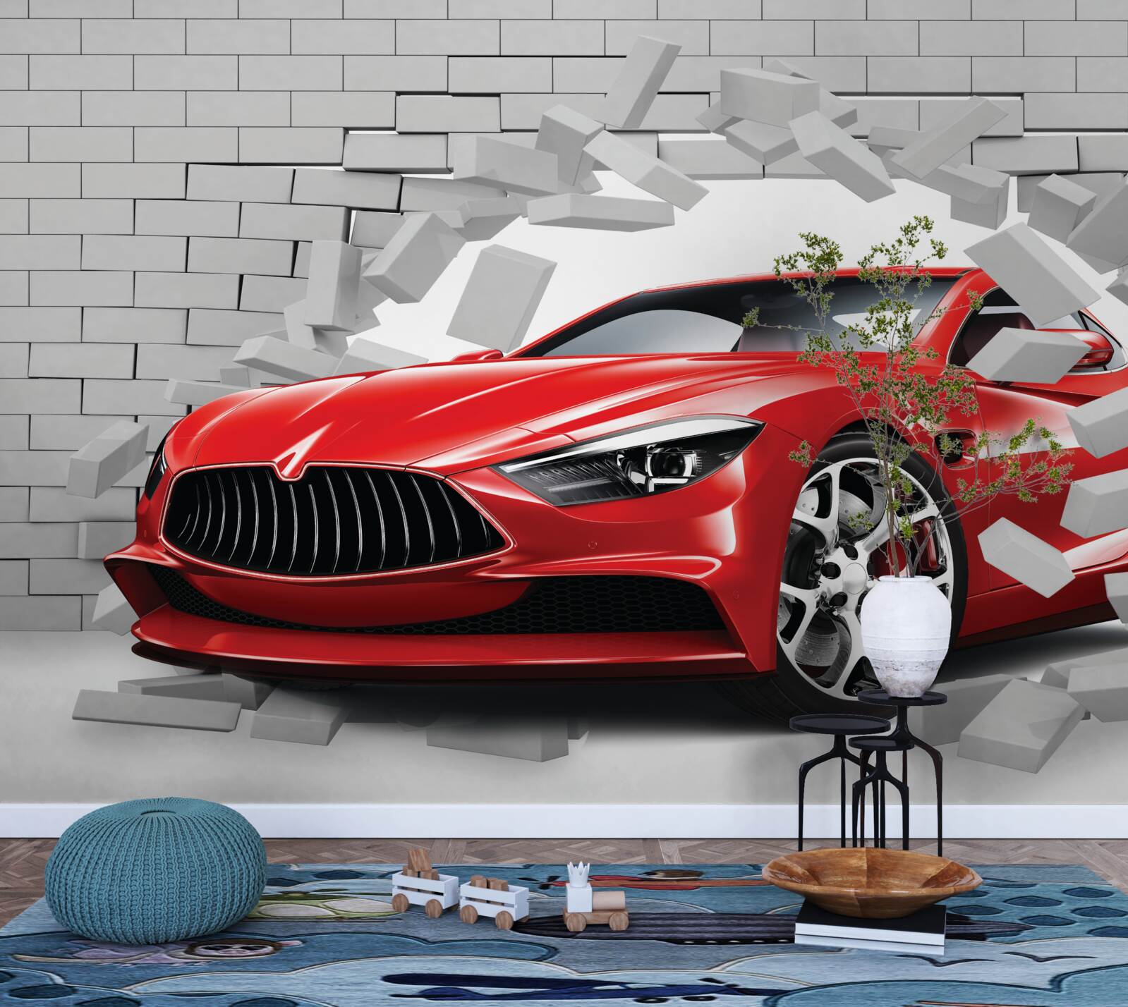 Fototapeta červené auto prerazí tehlový múr