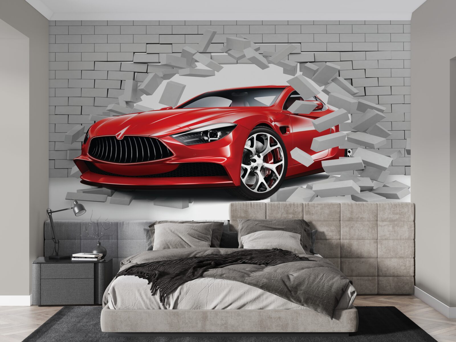 Fototapeta červené auto prerazí tehlový múr