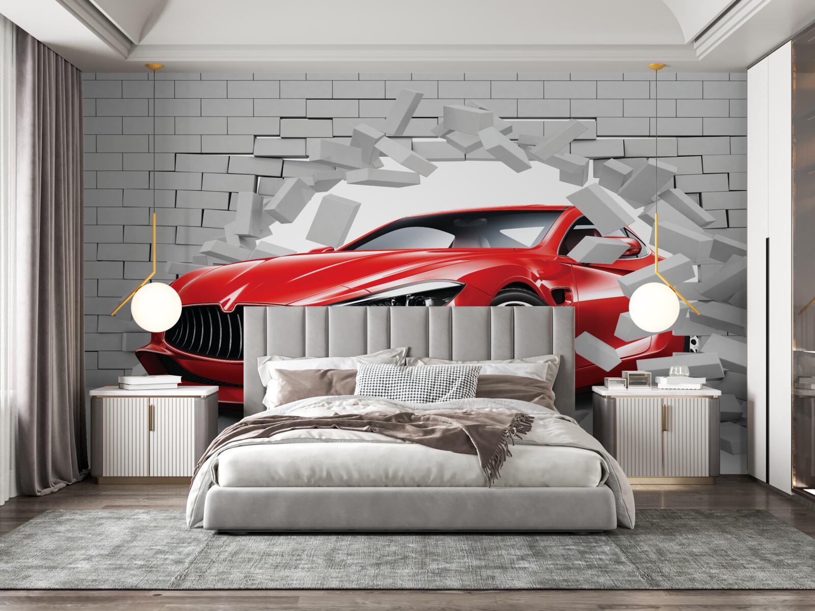 Fototapeta červené auto prerazí tehlový múr