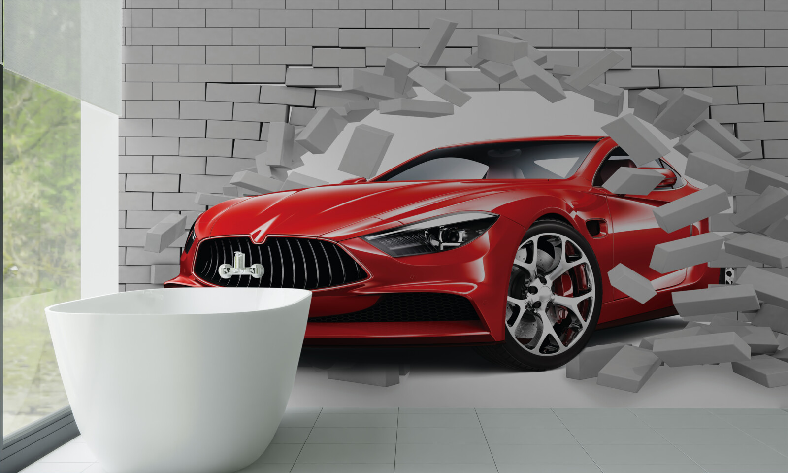 Fototapeta červené auto prerazí tehlový múr